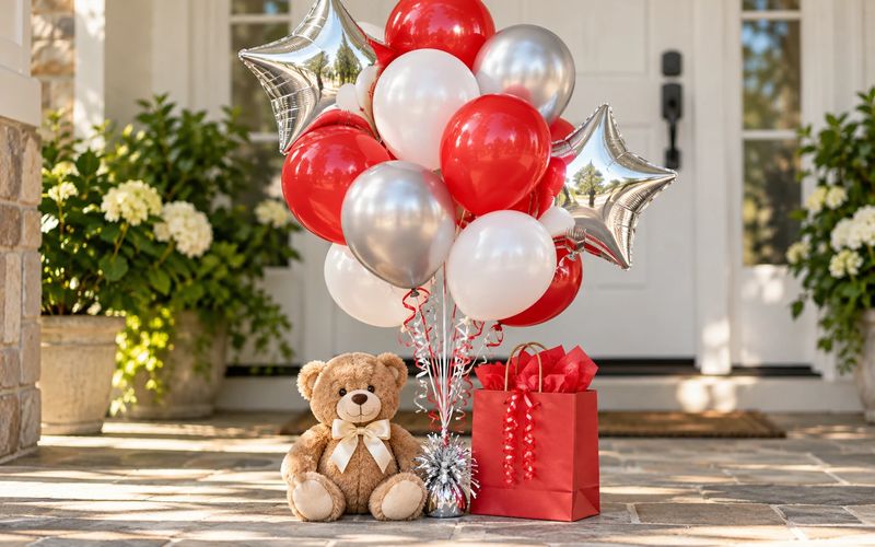 A birthday balloon bouquet delivered to a living room