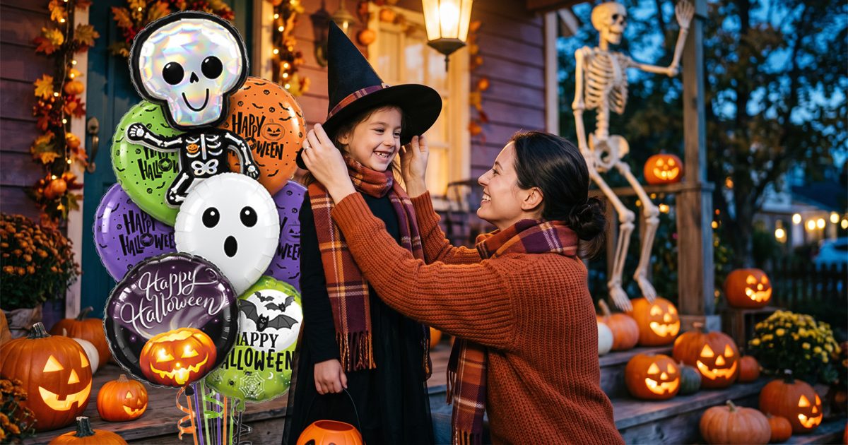 Mother adjusting her daughter's witch hat beside a Halloween balloon bouquet on a porch