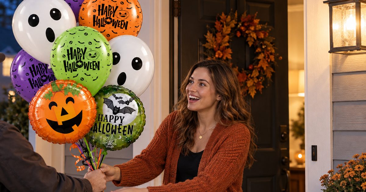 Halloween balloon delivery with ghost and pumpkin balloons at a front door