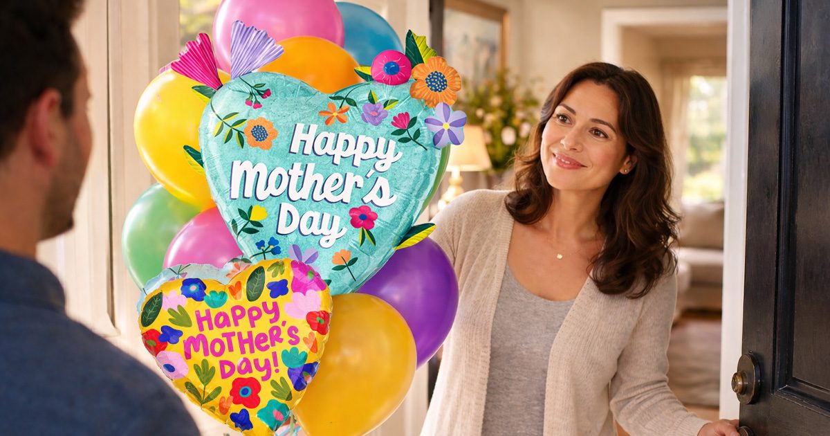 Mother opening door smiling at colorful Mother’s Day balloon bouquet delivery at home