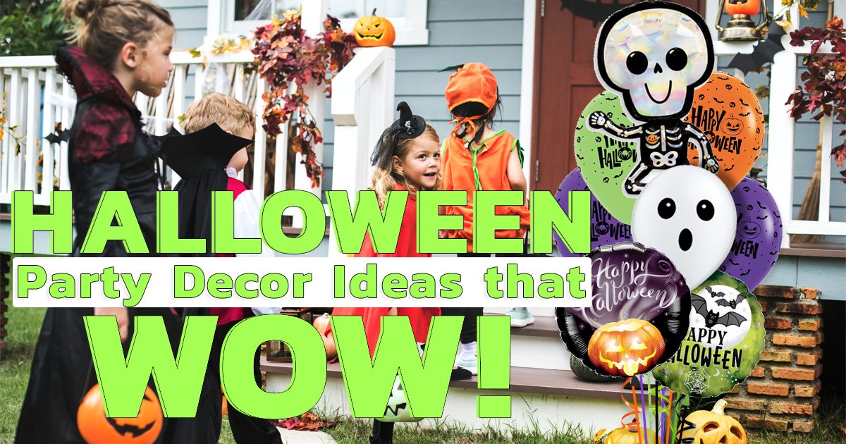 Kids in Halloween costumes trick-or-treating at a decorated house with bright Halloween balloons and pumpkins, showcasing fun and creative Halloween party décor ideas that wow.