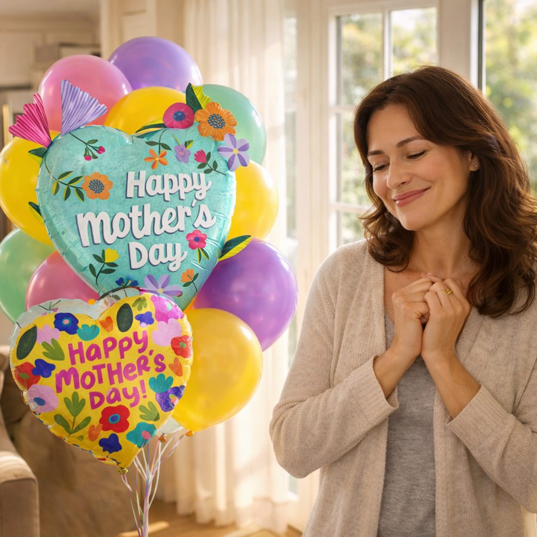 Mom smiling at colorful Mother's Day balloon delivery bouquet at home
