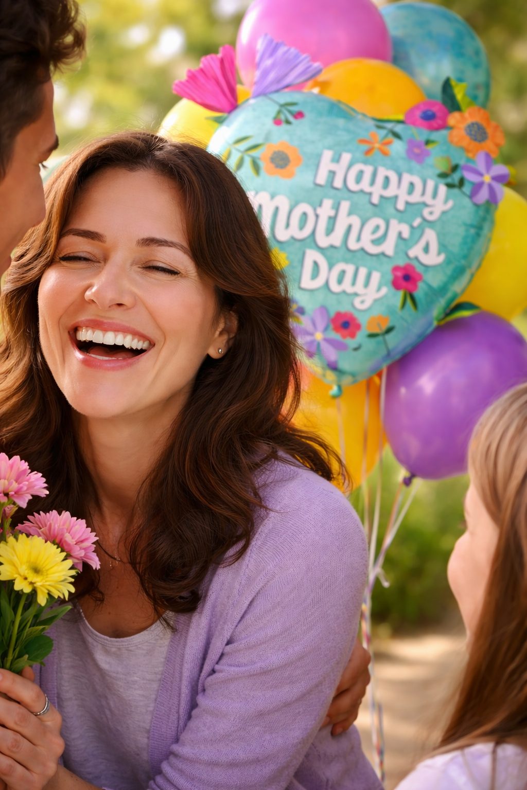 Mom celebrating with child and Mother's Day balloon delivery outdoors