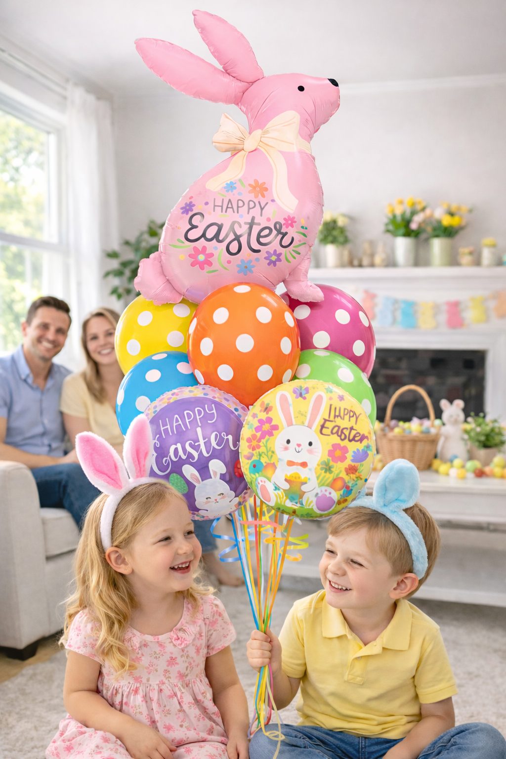 Kids holding Easter balloon bouquet with bunny balloons during family celebration at home