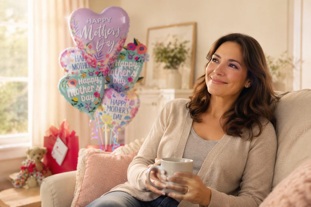 Mom relaxing at home with Mother's Day balloon delivery in the background