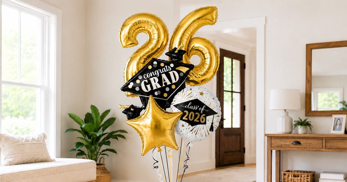 Large graduation balloon bouquet featuring a giant gold "26" number balloon, a graduation cap, and coordinated star balloons, styled as a photo backdrop in a modern living room setting.