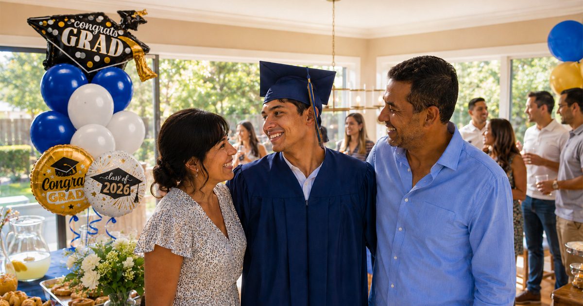A smiling male graduate in a blue cap and gown posing indoors with his proud parents next to a large navy blue, gold, and white balloon bouquet styled as festive graduation party decorations.