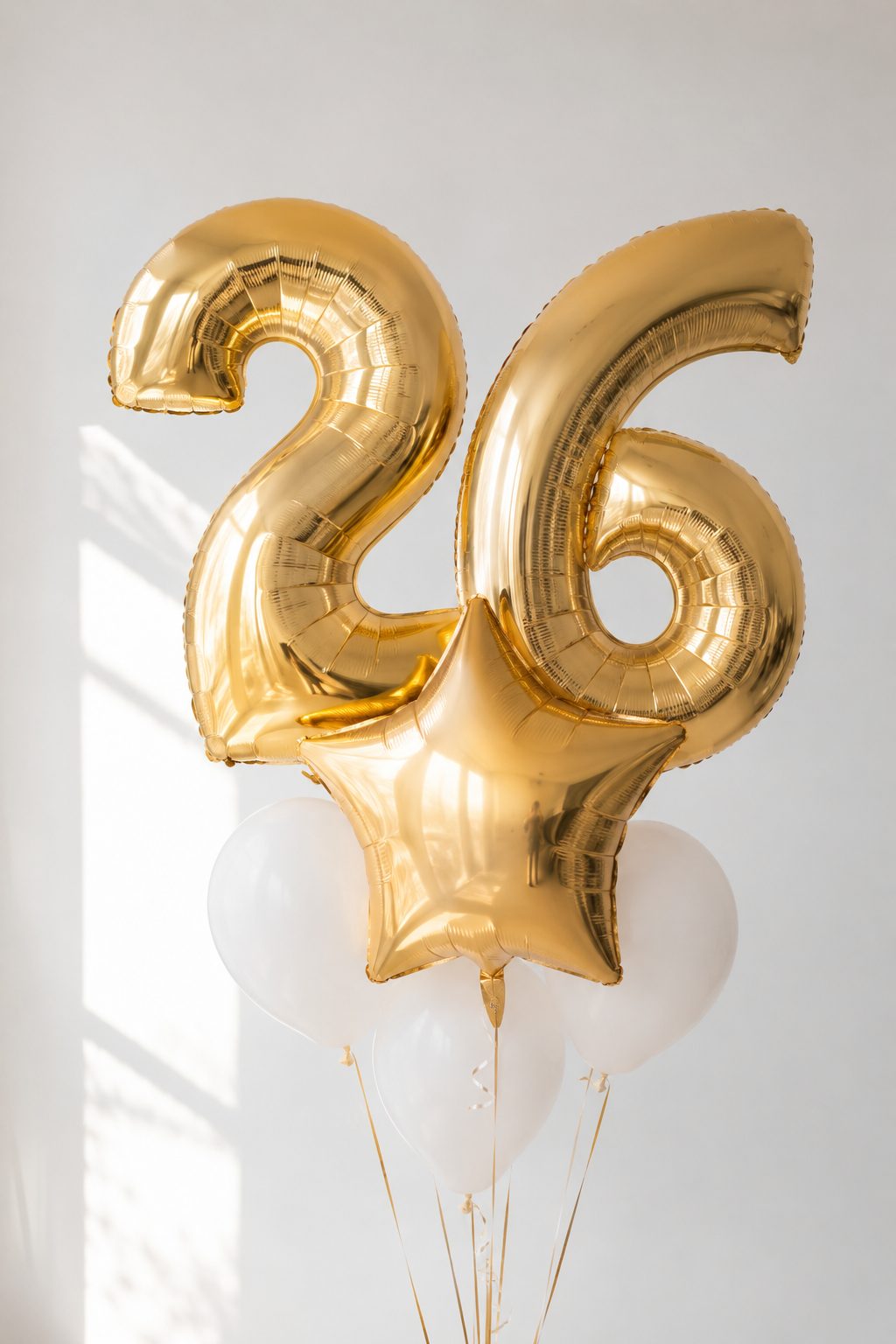 A college graduation balloon bouquet featuring large gold "2" and "6" number balloons, a black "Congrats Grad" graduation cap balloon, and gold star balloons, styled indoors in a modern home setting next to a doorway.