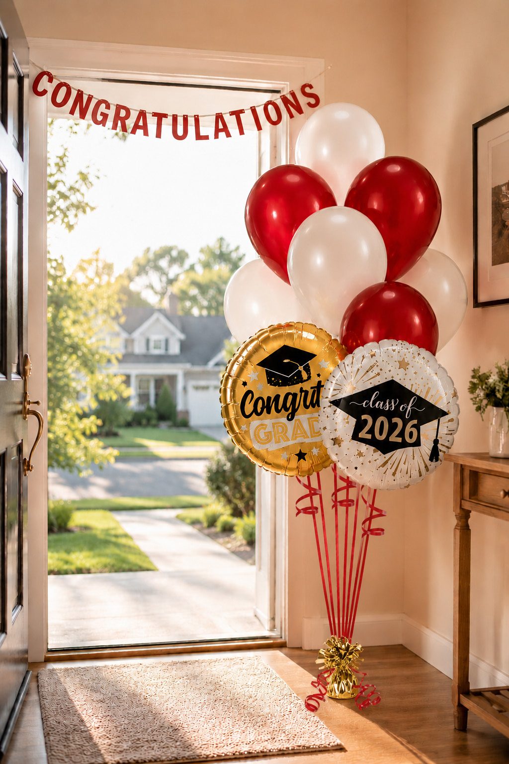 Festive graduation party decorations featuring a large red and white balloon bouquet displayed on a front porch next to a black front door.