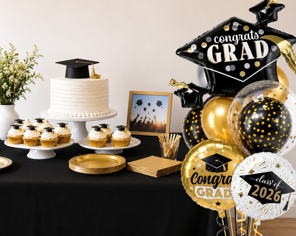 A graduation party decorations layout featuring a dessert table styled in a black and gold color scheme, a two-tiered white cake, themed cupcakes, and a large balloon bouquet backdrop.