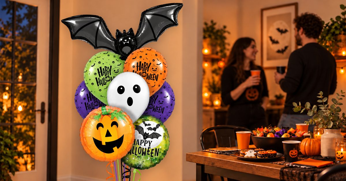 Halloween balloon bouquet next to a party table beside a candy bowl