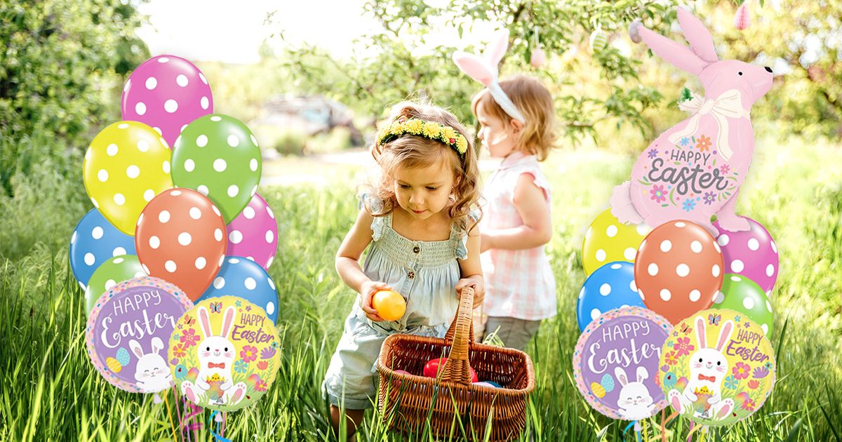 Girls Easter Egg Hunting with balloon bouquets