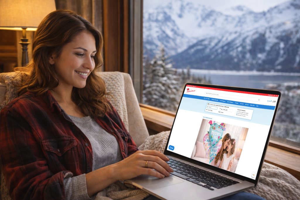 Woman ordering Mother's Day balloon delivery online from her laptop