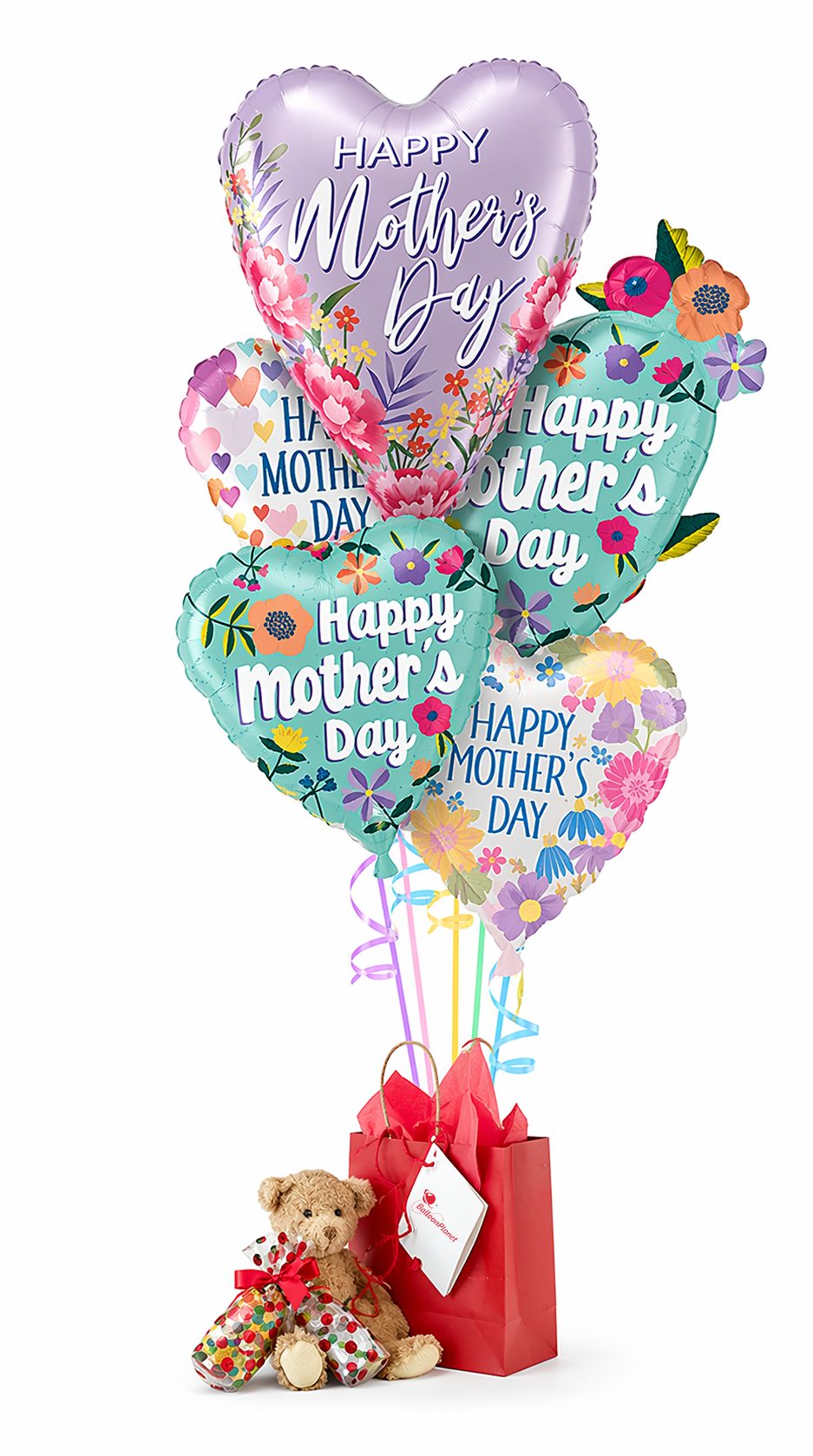 Mother's Day balloon delivery bouquet with gift bag and teddy bear
