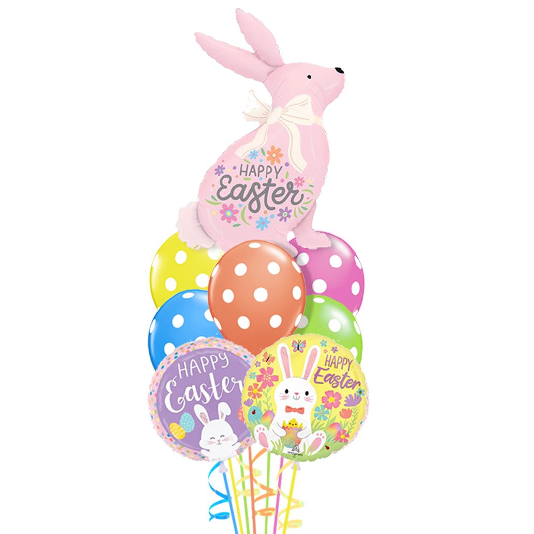 Bright Easter balloon delivery bouquet with bunny and colorful polka dot balloons