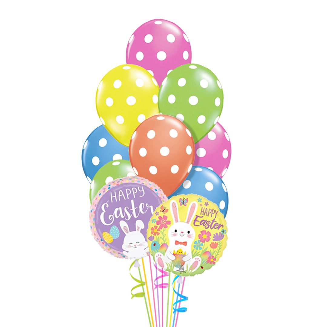Colorful Easter balloon delivery bouquet with polka dot latex and Easter balloons