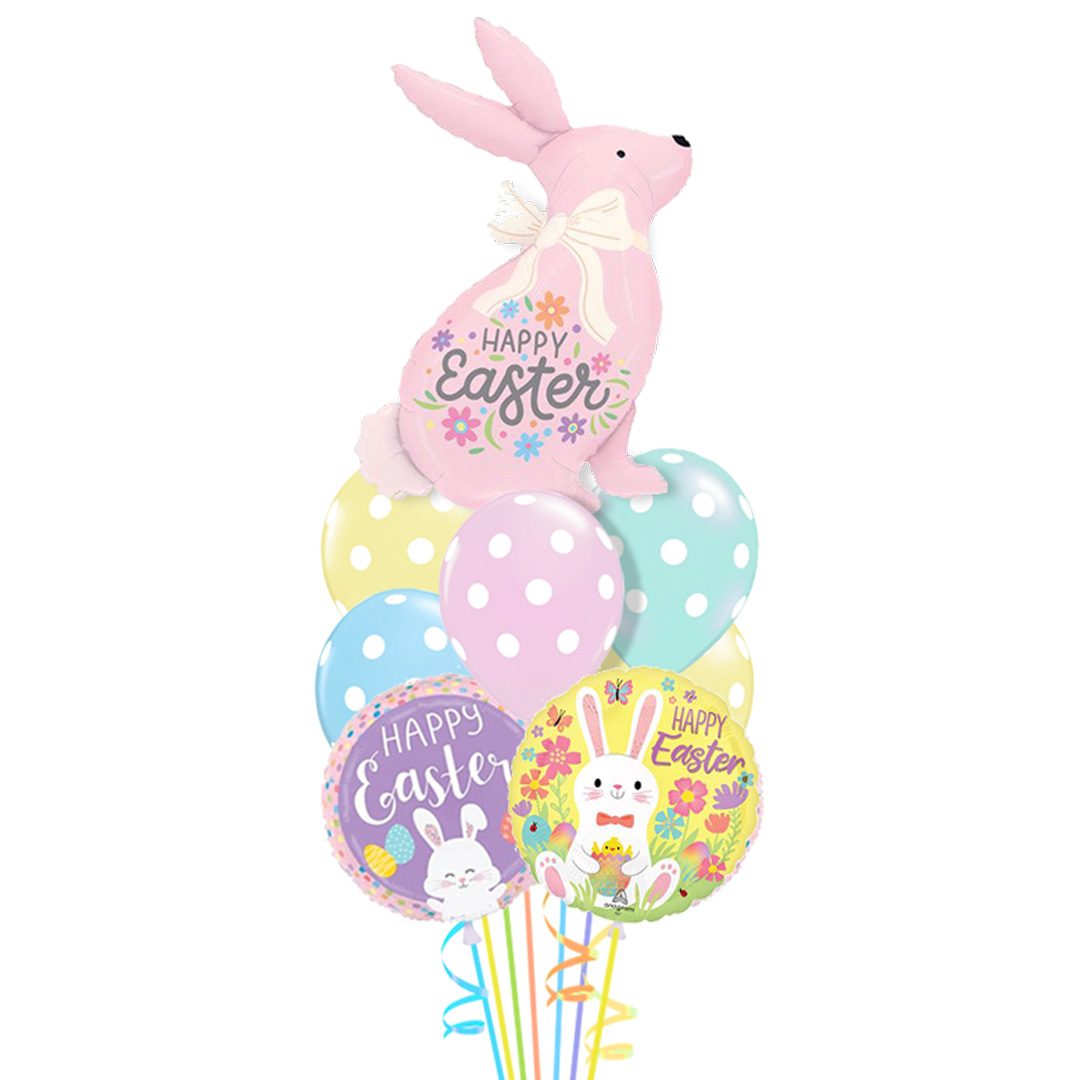 Pastel Easter balloon delivery bouquet with bunny and soft spring colors