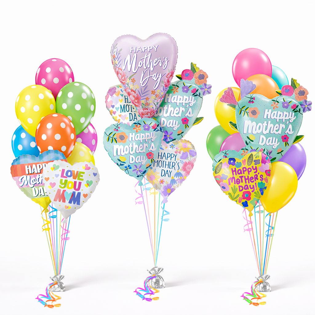three Mother's day balloon bouquets with colorful ribbon