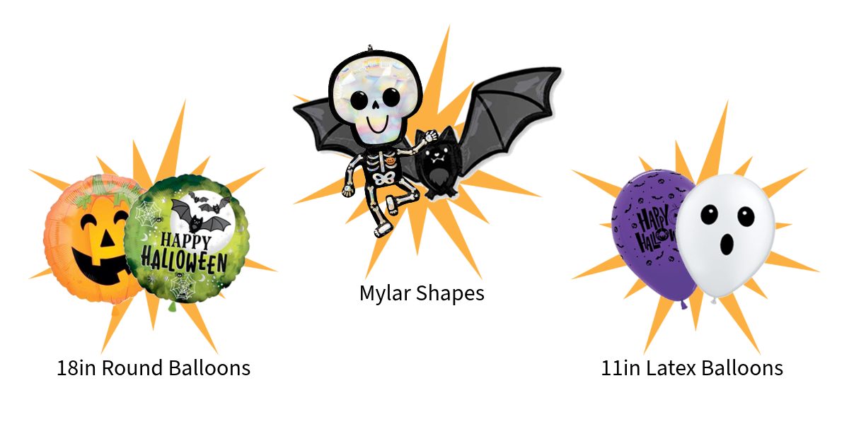 Halloween balloons including 18-inch round pumpkin and Happy Halloween designs, Mylar skeleton and bat shapes, and 11-inch latex balloons with ghost and Halloween prints.