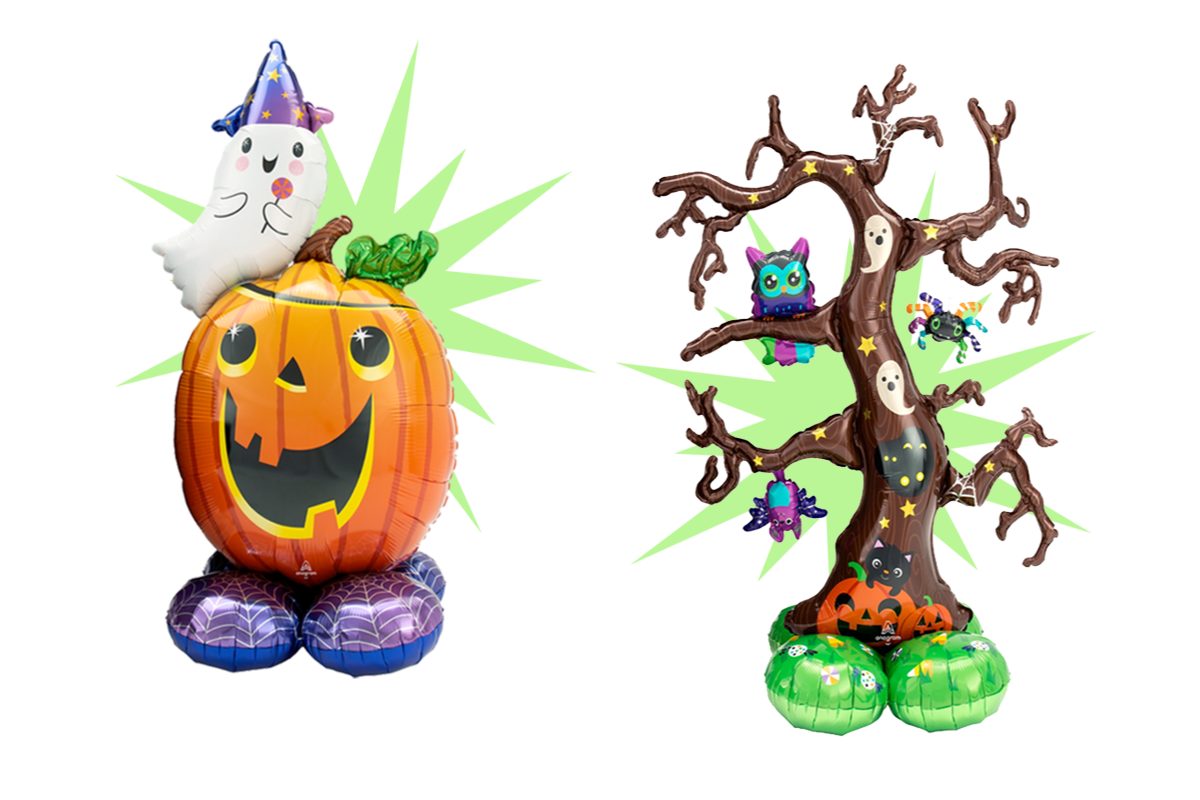 Halloween balloon decorations featuring a giant smiling jack-o’-lantern balloon with a ghost in a wizard hat on top, and a spooky haunted tree balloon decorated with owls, bats, spiders, pumpkins, ghosts, and stars. Perfect Halloween party décor for indoor or outdoor celebrations.