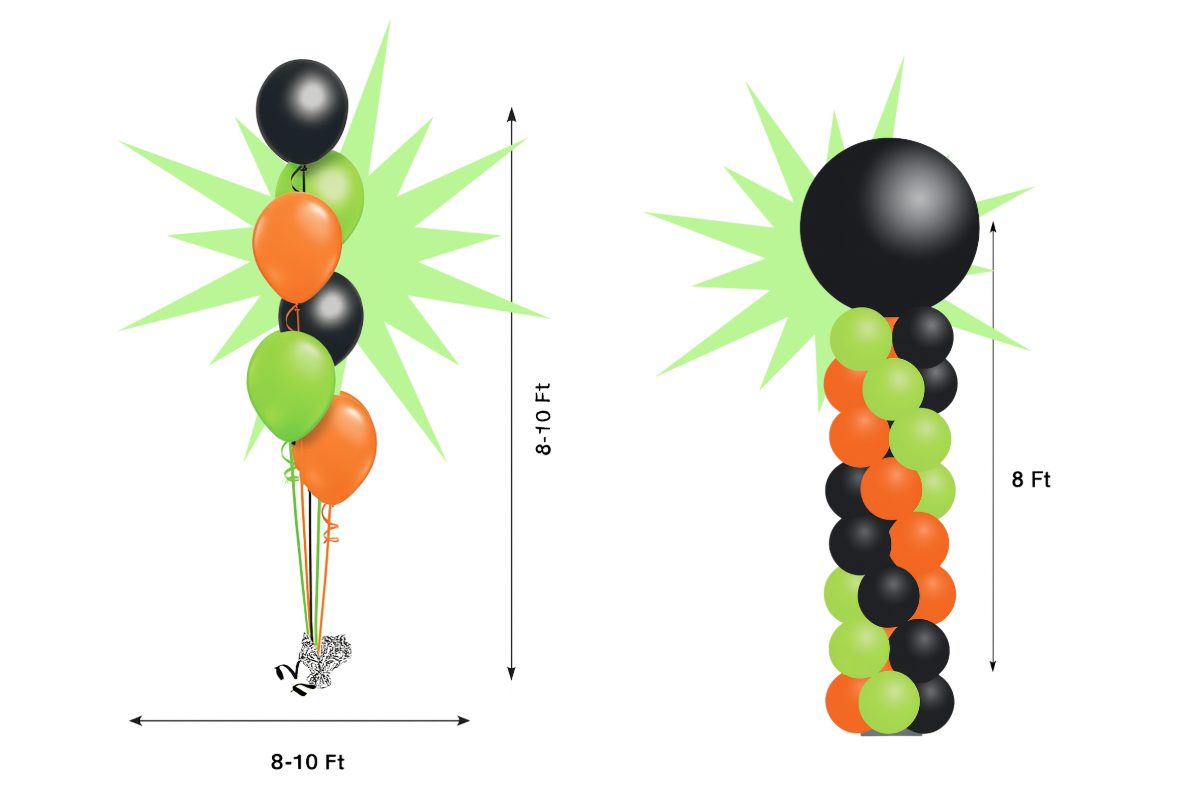 Black, orange, and lime green Halloween balloon decorations including an 8–10 foot balloon bouquet with ribbons and an 8 foot balloon column topped with a giant black balloon.