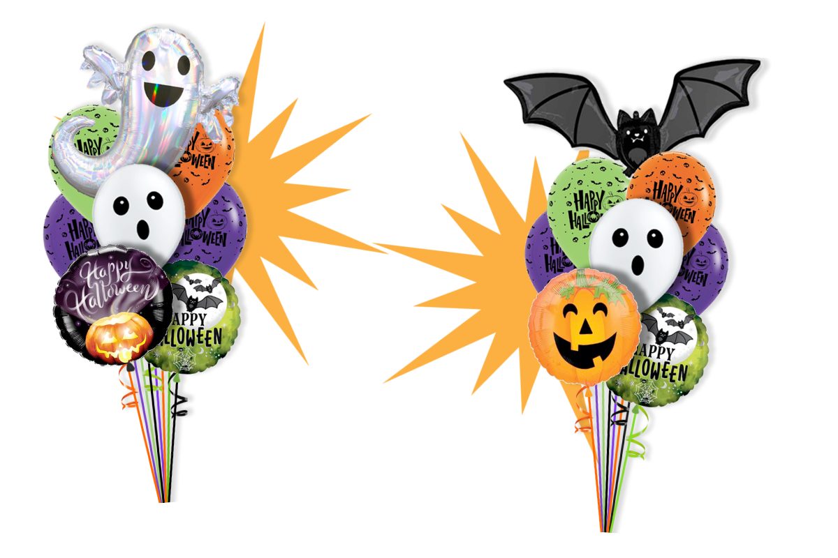 Halloween balloon bouquets featuring ghost balloons, bat balloon, pumpkin balloon, and colorful “Happy Halloween” latex balloons in orange, purple, and green — perfect for Halloween party decorations