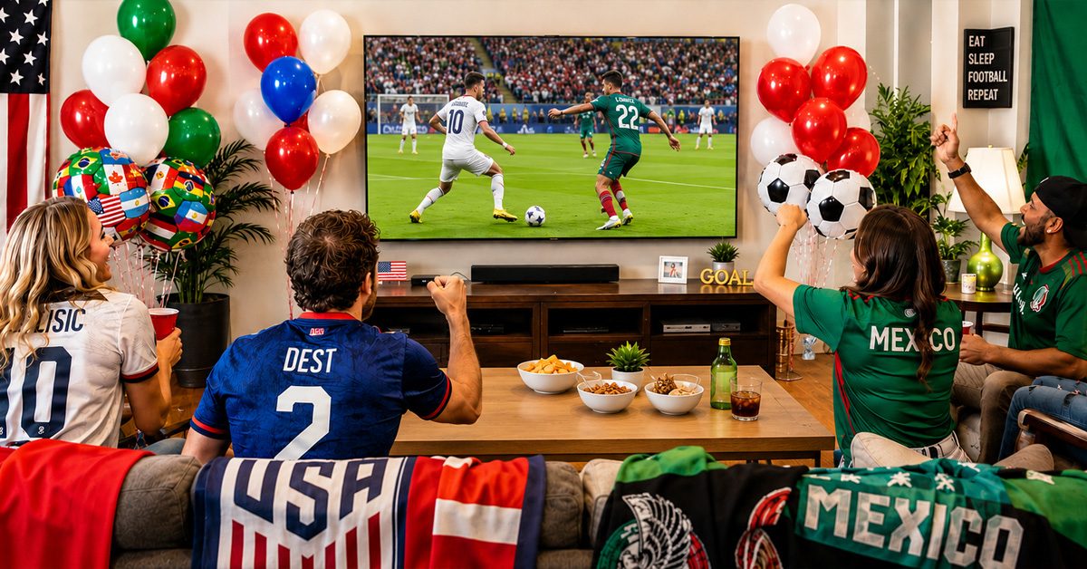 A lively World Cup watch party in a living room featuring fans wearing USA and Mexico soccer jerseys cheering in front of a large TV showing a soccer match. Red, white, green, and blue balloon bouquets, including soccer ball and international flag balloon