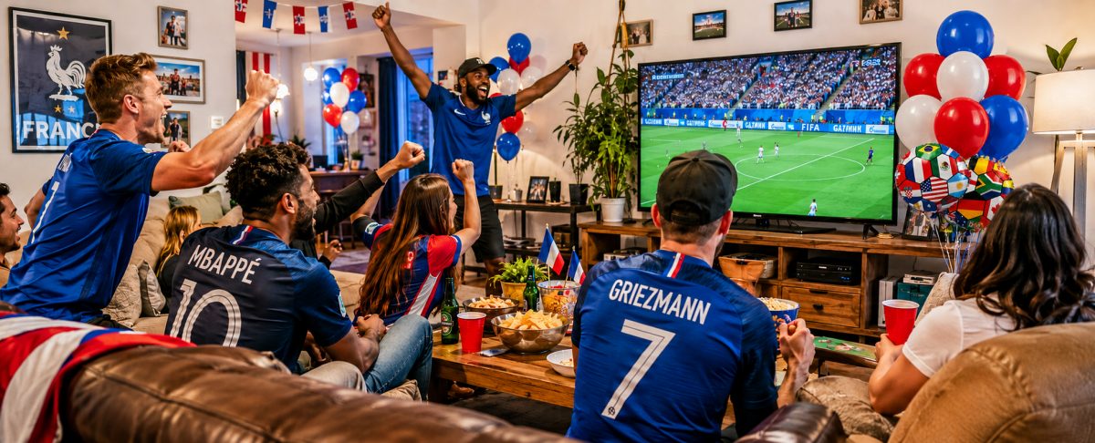 Friends celebrating at a 2026 World Cup watch party