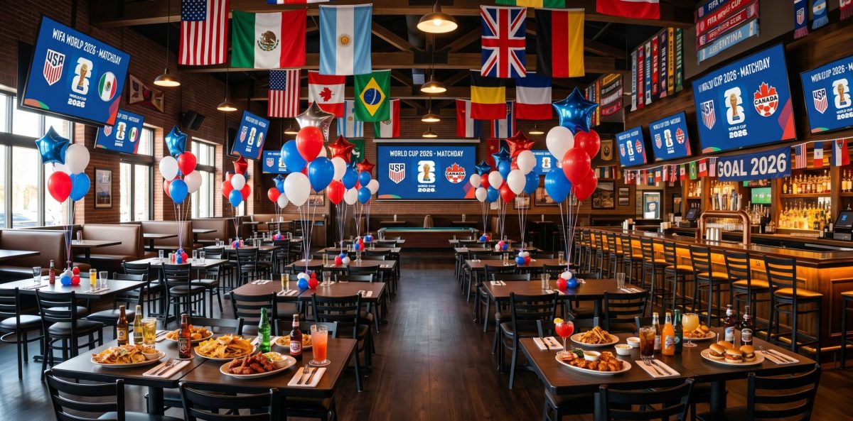 Restaurant decorated for a 2026 World Cup watch party with balloon bouquets and team flags