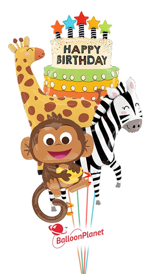 Jungle Friends Cake Giraffe/Zebra/Monkey Balloon Bouquet (4 Balloons)