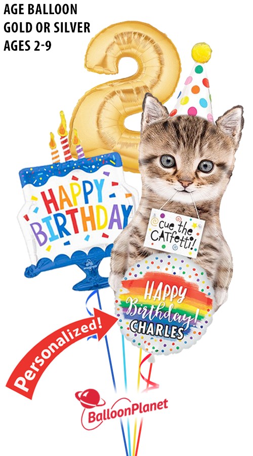 Custom Name & Age 2-9 Party Cat Kid's Birthday Bouquet (4 Balloons)