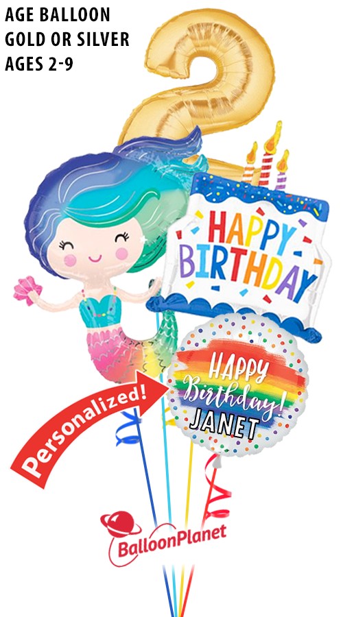 Custom Name & Age 2-9 Cake & Mermaid Kid's Birthday Bouquet (4 Balloons)
