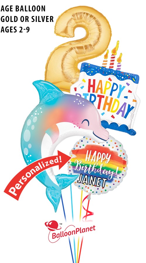 Custom Name & Age 2-9 Dolphin Kid's Birthday Bouquet (4 Balloons)