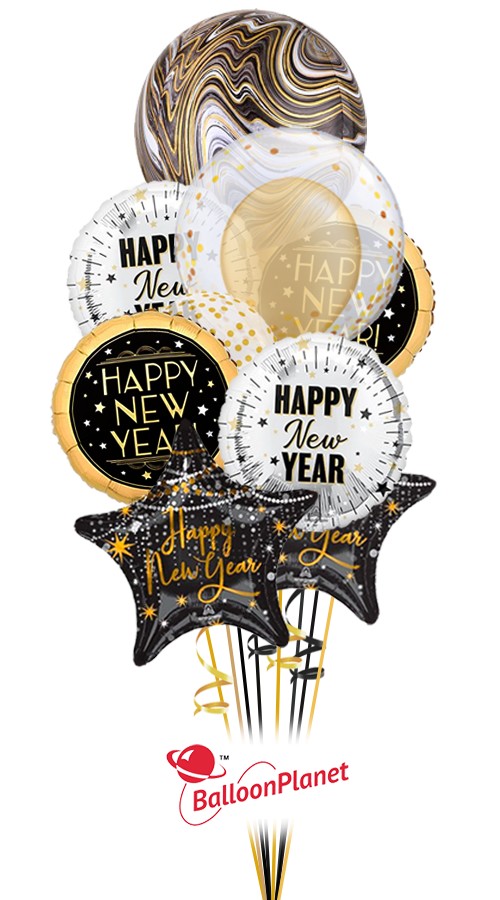 Marble and Confetti New Year's Balloon Bouquet (8 Balloons)
