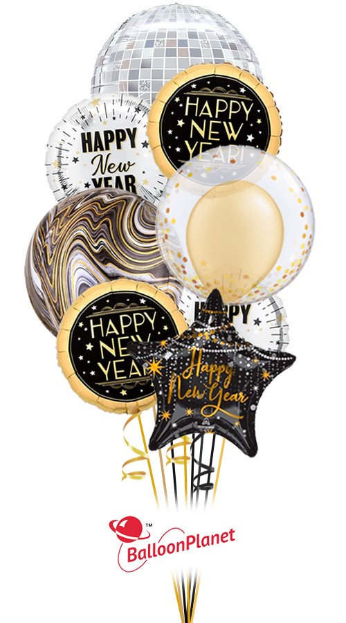 Disco, Marble, Confetti New Year's Balloon Bouquet (8 Balloons)