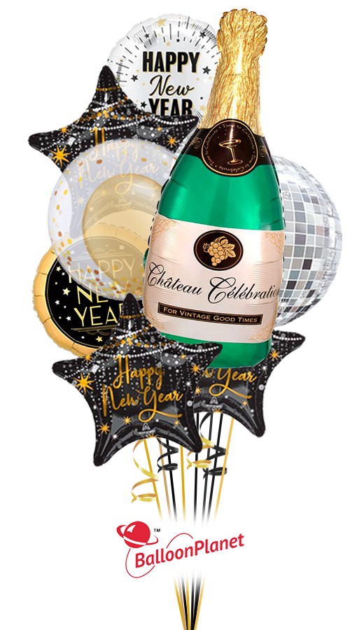 Champagne & Bubbles New Year's Balloon Bouquet (8 Balloons)