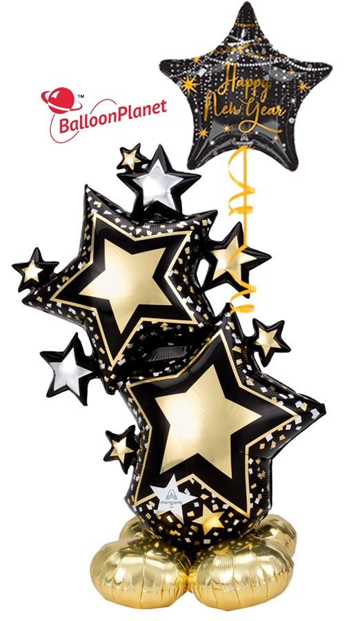 AirLoonz Black/Gold Stars New Year's Balloon Bouquet (2 Balloons)