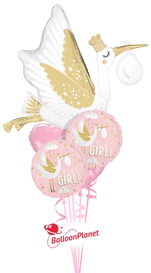 Satin Stork Baby Girl Bouquet (5 Balloons)