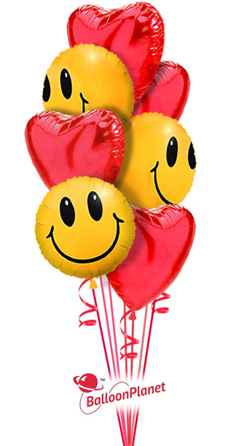 Red Hearts & Smiles Balloon Bouquet (7 Balloons)