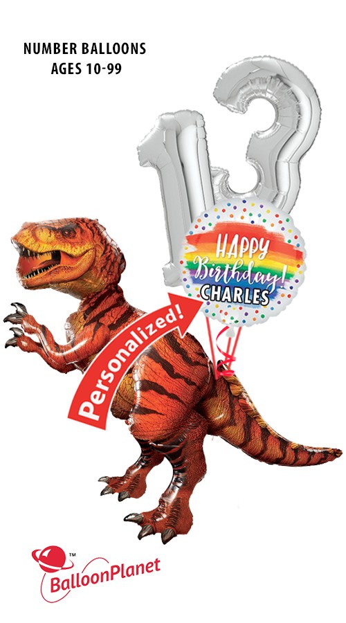 Custom Age & Name Jurassic World T-Rex Birthday Airwalker Bouquet (4 Balloons)