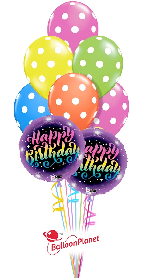 Neon Dots & Purple Birthday Balloon Bouquet (9 Balloons)