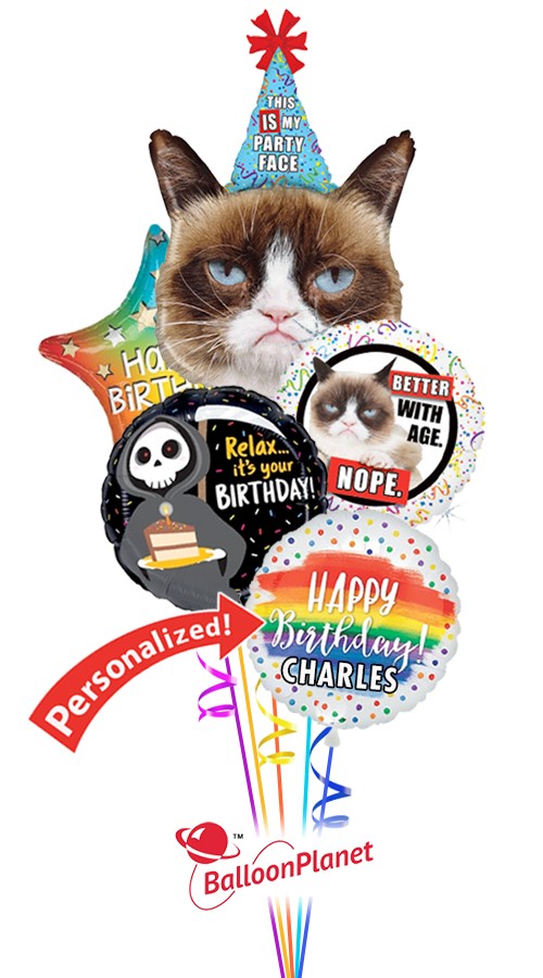 Personalized Grumpy Cat Balloon Bouquet (5 Balloons)