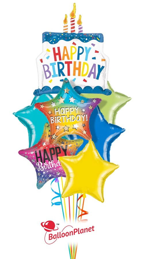 Rainbow Cake & Stars Balloon Bouquet (7 Balloons)