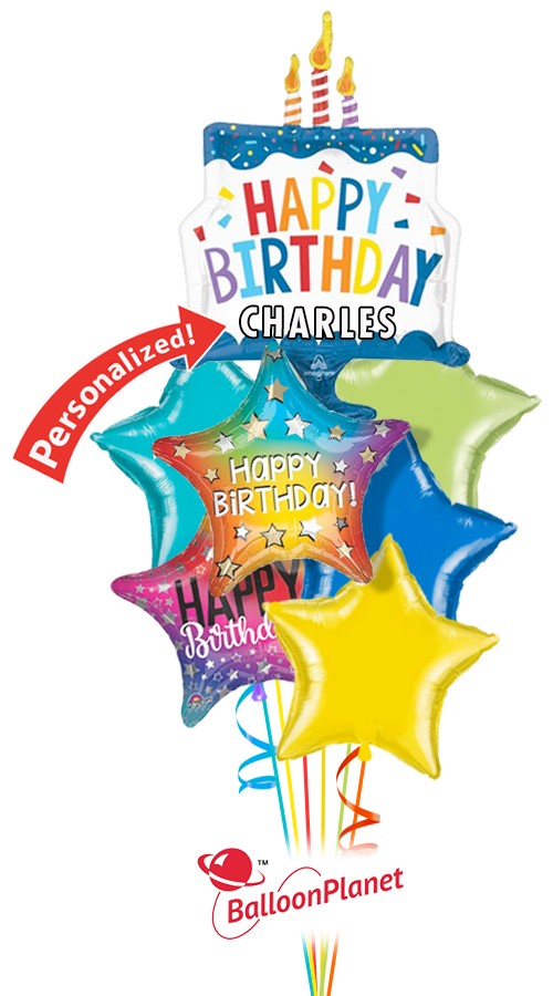 Personalized Cake & Stars Balloon Bouquet (7 Balloons)