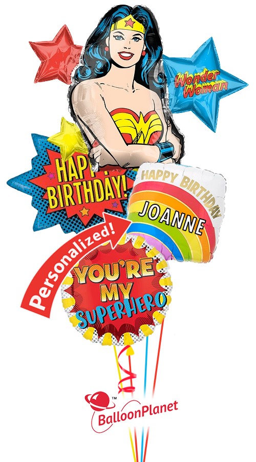 Wonder Woman Personalized Birthday Bouquet (4 Balloons)