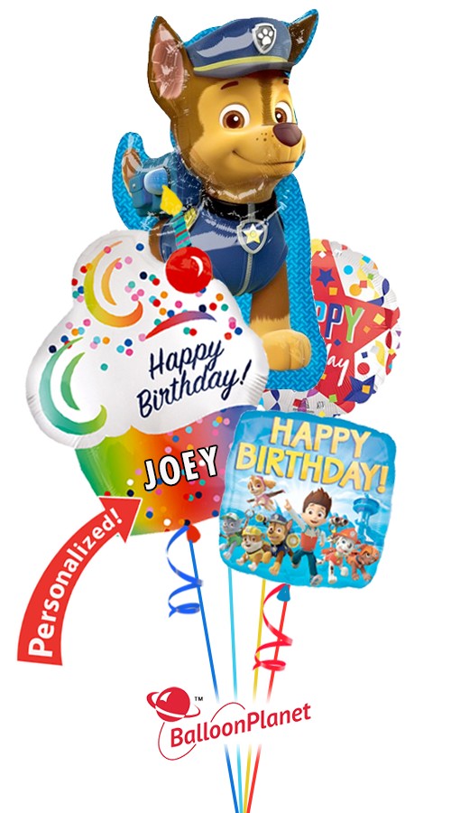 Personalized Paw Patrol Chase & Cupcake Bouquet (4 Balloons)