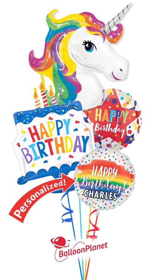Personalized Name Unicorn Cake Bouquet (4 Balloons)