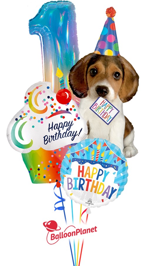 Puppy & Cupcake First Birthday Bouquet (4 Balloons)