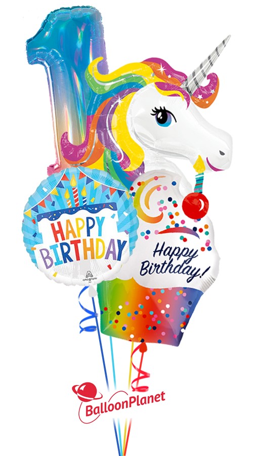 Unicorn & Cupcake First Birthday Bouquet (4 Balloons)