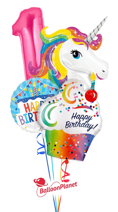 Unicorn & Cupcake First Birthday Bouquet Pink Number One (4 Balloons)